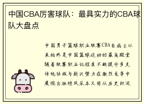 中国CBA厉害球队：最具实力的CBA球队大盘点