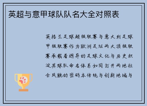英超与意甲球队队名大全对照表