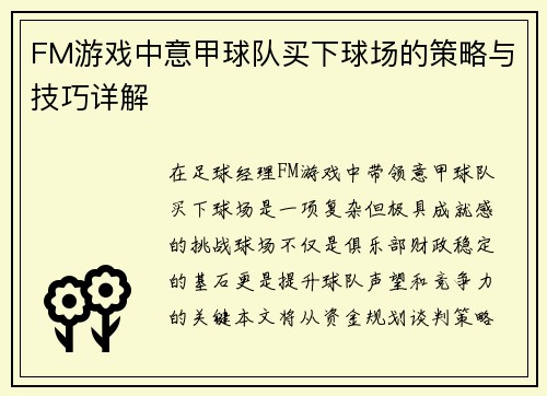 FM游戏中意甲球队买下球场的策略与技巧详解